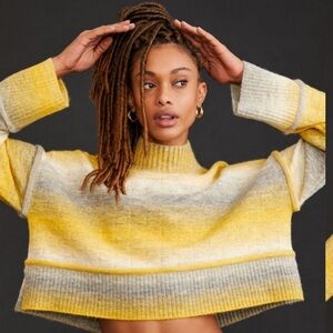 Pilcro Cropped Striped Mock Neck Sweater Bell Sleeves Yellow and Gray Medium